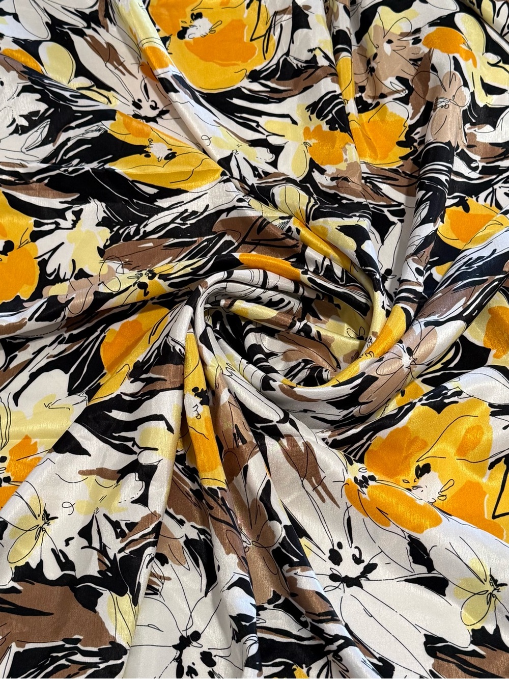 Yellow & Brown Floral Print Satin Duchess Multicolor Fabric